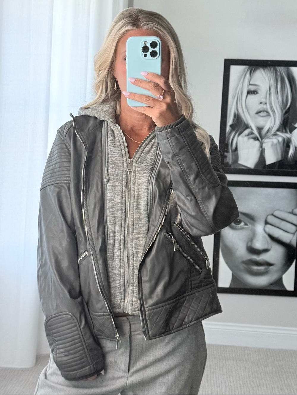 YMI Gray Leather Moto Jacket with hood and fair fur interior